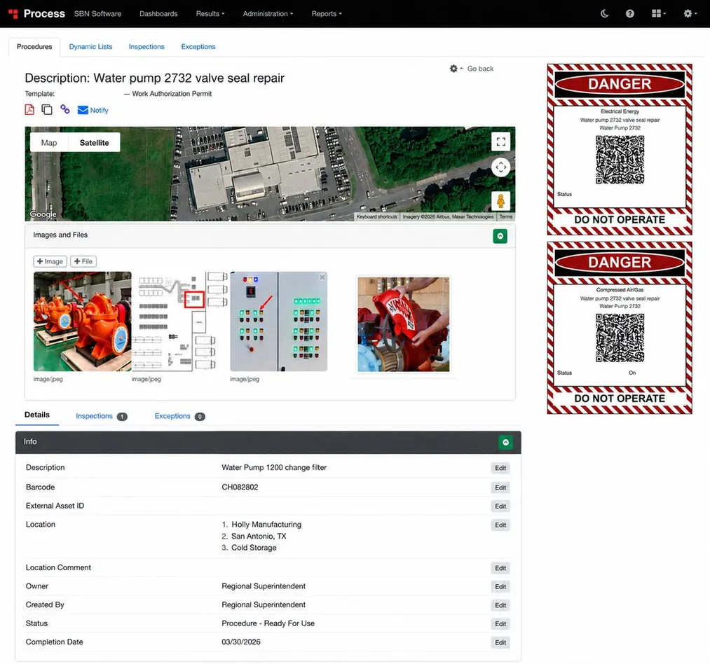 SBN LOTO work authorization permit with QR codes and lockout points