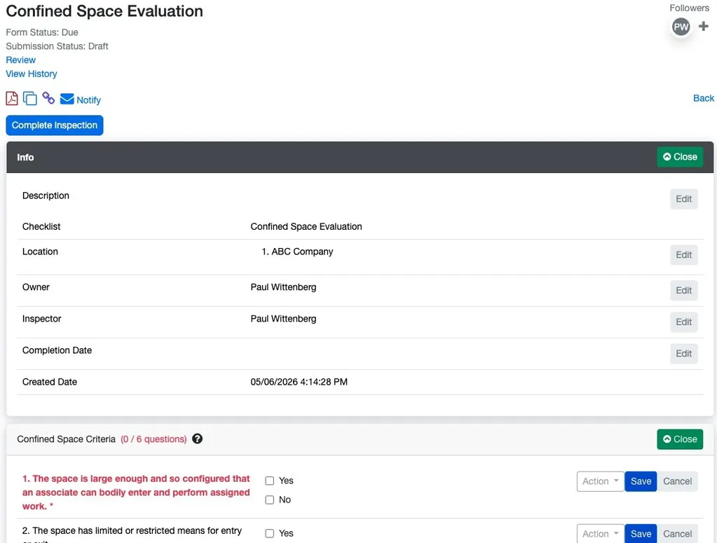 SBN mobile inspection workflow screenshot