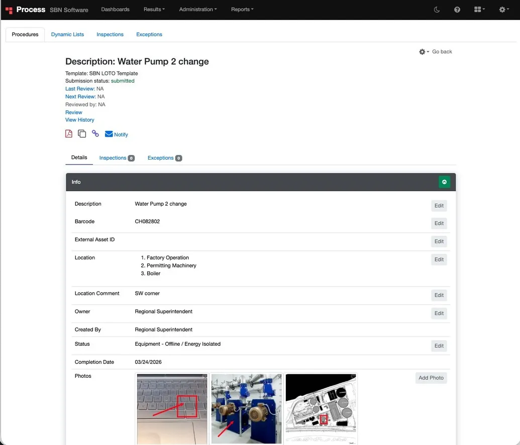 SBN permit to work and corrective action workflow screenshot